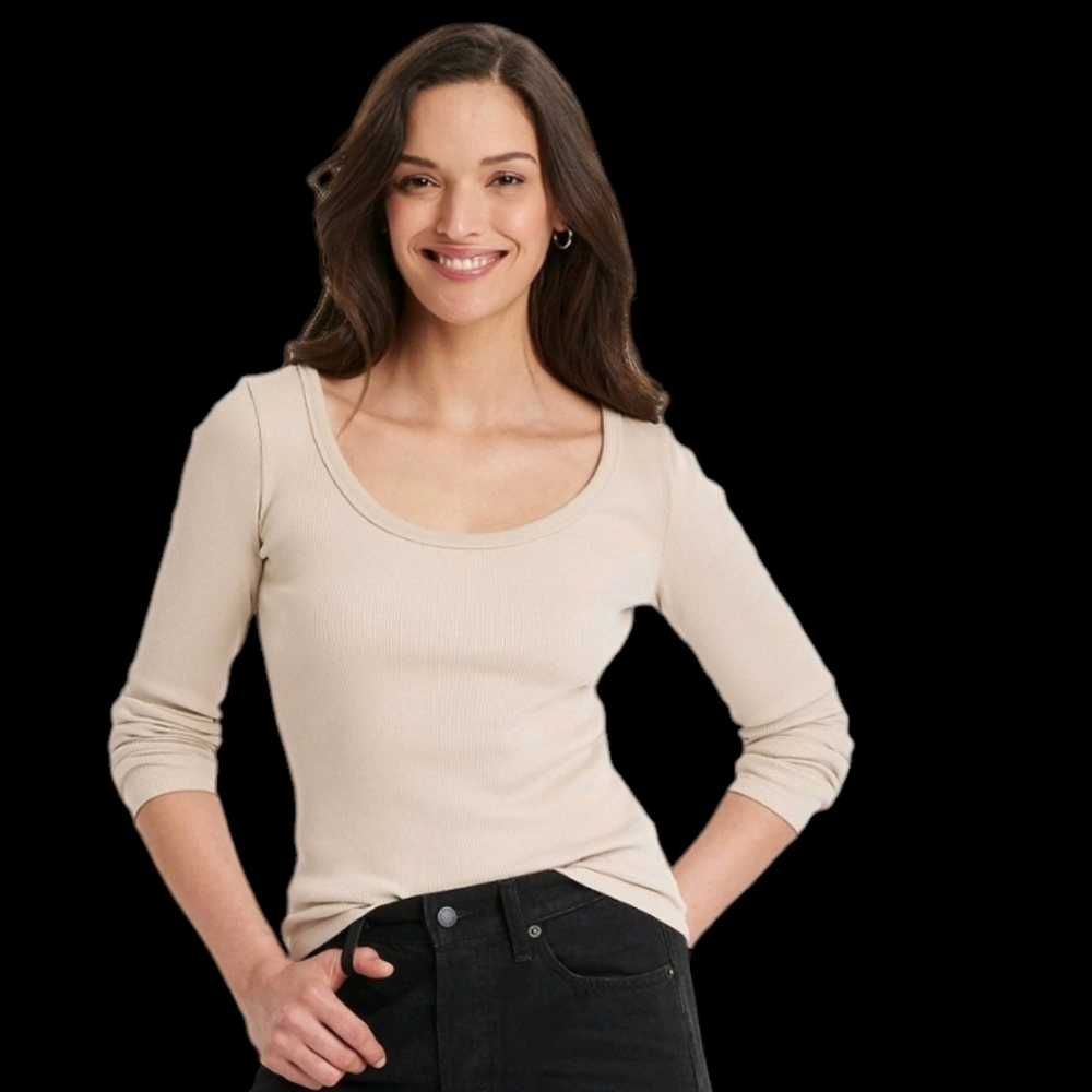NWT Women's Tan Long Sleeve Ribbed Scoop Neck‎ T Shirt Sweater Various Sizes
